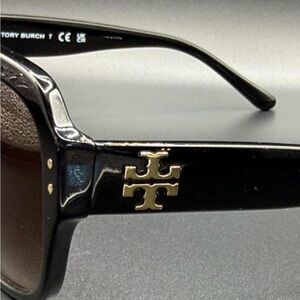 Tory Burch Black Square Sunglasses Gold TB Logo Brown Gradient Lens
